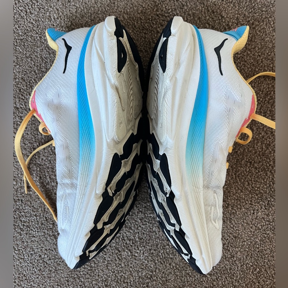 Women's Hoka Clifton White and Yellow Running Shoes - Picture 2 of 12